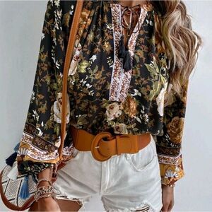 Floral Tie Neck Longline Blouse